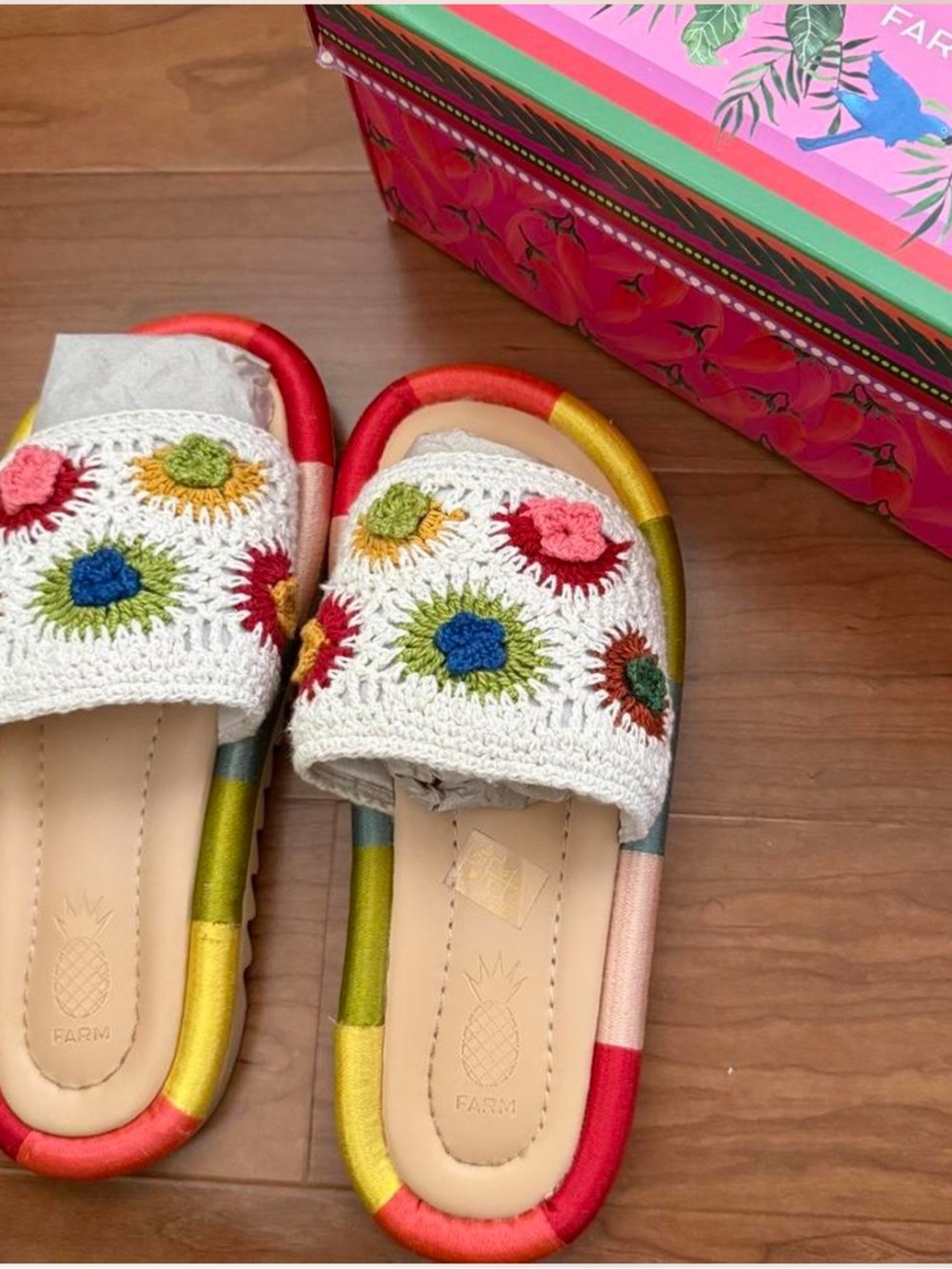 Farm Rio Crochet Flower Slide Sandals Size 10 Rainbow Platform Resort Boho NIB - Picture 1 of 4